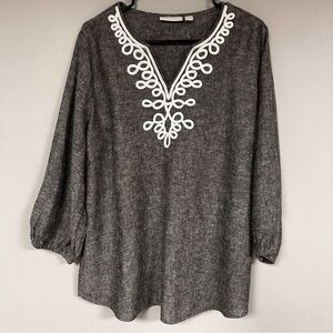 SUSAN GRAVER PURE LINEN BLEND 3/4-SLEEVED PULLOVER TOP, CURVED HEM, L, EUC!